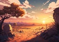 Rocky landscape of the Wild West desert, beautiful sunrise, dreamy mood, heavenly sky vibrant colors