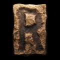 Rocky letter R. Font of stone isolated on black background. 3d