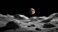A rocky lunar surface under the starry sky, with the Moon glowing brightly and casting detailed shadows Royalty Free Stock Photo