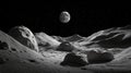 A rocky lunar surface under the starry sky, with the Moon glowing brightly and casting detailed shadows Royalty Free Stock Photo