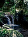 Rocky mossy miniature waterfall on a forest stream creek in Transylvania, Romania, Sighistelului valley gorge Royalty Free Stock Photo