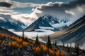 Rocky mountain peaks emerge through the misty clouds