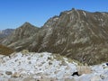 Rocky mountain peaks Piz Murtaroel (2881 m) and Piz Murterchoembel (2998 m) in the massif of the Albula Alps Royalty Free Stock Photo