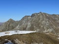 Rocky mountain peaks Piz Murtaroel (2881 m) and Piz Murterchoembel (2998 m) in the massif of the Albula Alps Royalty Free Stock Photo