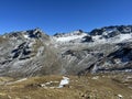 Rocky mountain peaks Piz Sarsura Pitschen (3132 m), Piz Sarsura (3176 m) and Grippa Naira (3130 m) Royalty Free Stock Photo