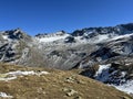 Rocky mountain peaks Piz Sarsura Pitschen (3132 m), Piz Sarsura (3176 m) and Grippa Naira (3130 m) Royalty Free Stock Photo