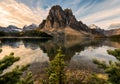 Rocky mountain with pine tree reflection on Cerulean lake in Assiniboine provincial park Royalty Free Stock Photo
