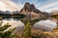 Rocky mountain with pine tree reflection on Cerulean lake in Assiniboine provincial park Royalty Free Stock Photo