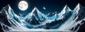 Rocky mountain range covered by snow in winter with glacier at night in paper cut style