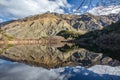 Rocky mountain range perfect reflection in Diamond Lake near Rocky Mountain