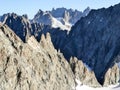 Rocky mountain ridges and snow.capped peaks and valleys behind each other Royalty Free Stock Photo