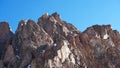 Rocky mountain top. You can see little people. Climbers climb to the top.