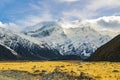 The rocky mountain tops covered with snow in the winter and beautiful clouds during the day in the mount cook Royalty Free Stock Photo
