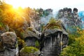 Rocky mountain view during autumn season. Foggy sunrise at Bastei, Saxon Switzerland, Germany Royalty Free Stock Photo