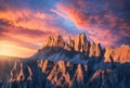 Rocky mountains at amazing colorful sunset in summer in Dolomites Royalty Free Stock Photo
