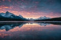 Rocky mountains with colorful sky reflection in Maligne Lake at Jasper national park, Canada Royalty Free Stock Photo