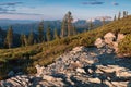 Rocky mountains covered with the last snow near Mount Shasta volcano. Castle dome from Castle Crags State Park, Castle Crags Royalty Free Stock Photo