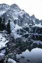 Rocky mountains covered with snow reflect in black lake, beautiful winter landscape Royalty Free Stock Photo