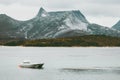 Rocky Mountains and fishing boat sea wild Landscape in Norway scandinavian Royalty Free Stock Photo