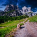 Rocky Mountains at sunset.Dolomite Alps, Italy Royalty Free Stock Photo