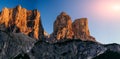 Rocky Mountains at sunset.Dolomite Alps, Italy Royalty Free Stock Photo