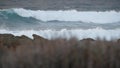 Rocky ocean coast, dramatic sea waves, Monterey beach, California, birds flying. Royalty Free Stock Photo