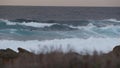 Rocky ocean coast, dramatic sea waves, Monterey beach, California, birds flying.