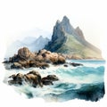 Hyper Realistic Watercolor Illustration Of Ocean On Rocky Coastline Royalty Free Stock Photo