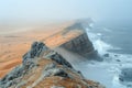 rocky ocean shore of sandy desert with fog Royalty Free Stock Photo