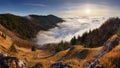 Rocky Panorama of sunset in mountain valley landscape