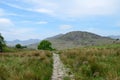 A rocky path, in the center of the image, leads across grassland meadow to mountains in Snowdonia Royalty Free Stock Photo