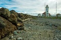 A rocky path leads to the Point Wilson Lighthouse in Fort Worden State Park, Washington, USA Royalty Free Stock Photo