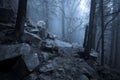 Rocky path through old foggy forest Royalty Free Stock Photo