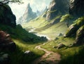 A rocky path winding around a lush green valley welcoming adventurers to explore its secrets. Lifestyle concept. AI Royalty Free Stock Photo