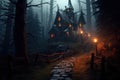 Rocky pathway leads to Halloween Horror house stands in depths of eerie black forest.