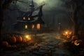 Rocky pathway leads to small terrible Halloween Horror house stands in depths of eerie black forest.