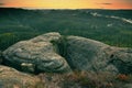 Rocky peak with daybreak. Full moon night ends and sun appeared Royalty Free Stock Photo