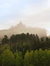 Rocky peak is sticking out from forest to dark grey cloud. Misty spring morning