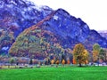 Rocky peak Stockli in the Glarus Alps mountain range and above Lake Klontalersee