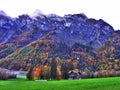 Rocky peak Stockli in the Glarus Alps mountain range and above Lake Klontalersee