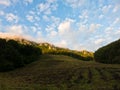 Rocky peaks at foggy sunrise, trekking path at Suva Planina mountain Royalty Free Stock Photo