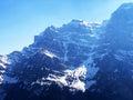 Rocky peaks HÃÂ¶chtor Hoechtor or Hochtor and VrenelisgÃÂ¤rtli Vrenelisgaertli in Glarus Alps mountain range, over KlÃÂ¶ntalersee Royalty Free Stock Photo