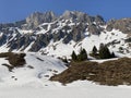 Rocky peaks Mutteristock 2295 m and RÃÂ¤dertenstock Raedertenstock or Redertenstock, 2294 m in the in the Schwyz Prealps