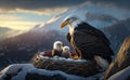 American bald eagle feeding her chicks on a nest on the rock, blurred snow mountain background, generative AI