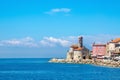 Rocky promontory, lighthouse and tower church of Clement, Piran, Slovenia Europe Royalty Free Stock Photo