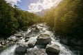Rocky river landscape in rainforest with mountains background. Royalty Free Stock Photo