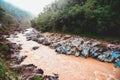 A rocky river in the mountains with turbid water