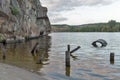 Rocky sand shore of Dnieper river on Khortytsia island, Ukraine