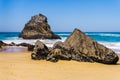 Rocky sandy beach on Atlantic ocean rocky coastline of Adraga beach