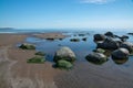 Rocky sandy beach landscape with rocks